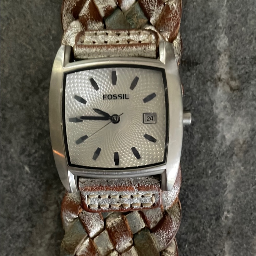 Fossil Silver And Brown Leather Watch With Intricate Design